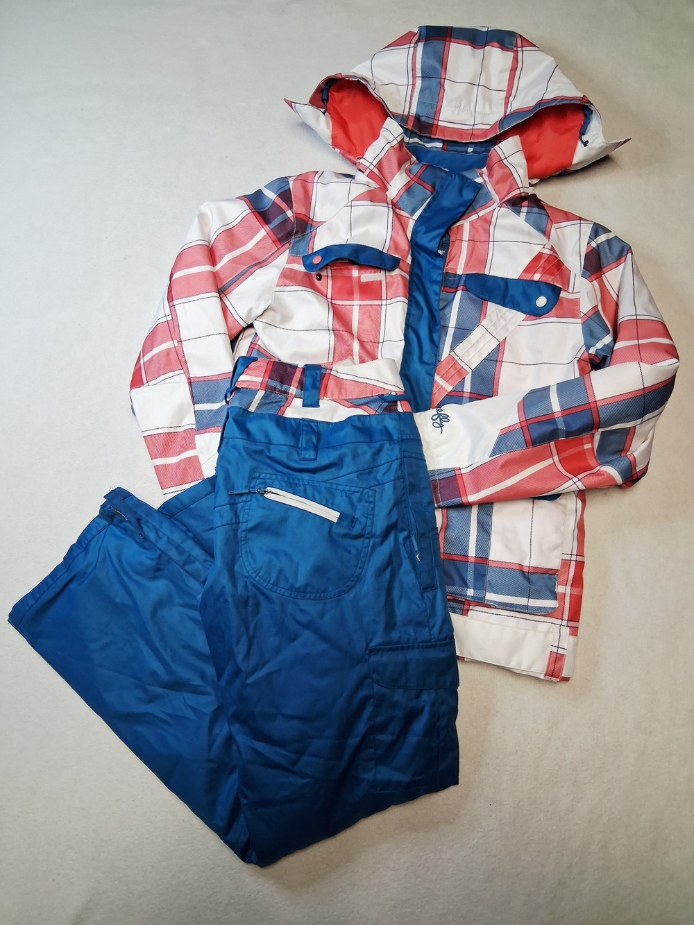 Women's Red & Blue Plaid Ski Jacket with Blue Snow Pants
